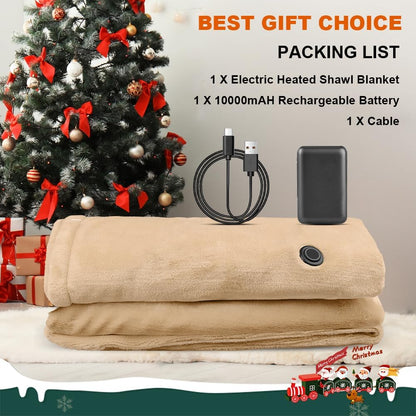 Heated Blanket Battery Operated with Fleece Lining 7.4V 16000mAh Battery 62" x 35" Heated Shawl Wraps for Women Men Cordless USB Outdoor Portable Electric Blanket 6 Heating Zones Khaki