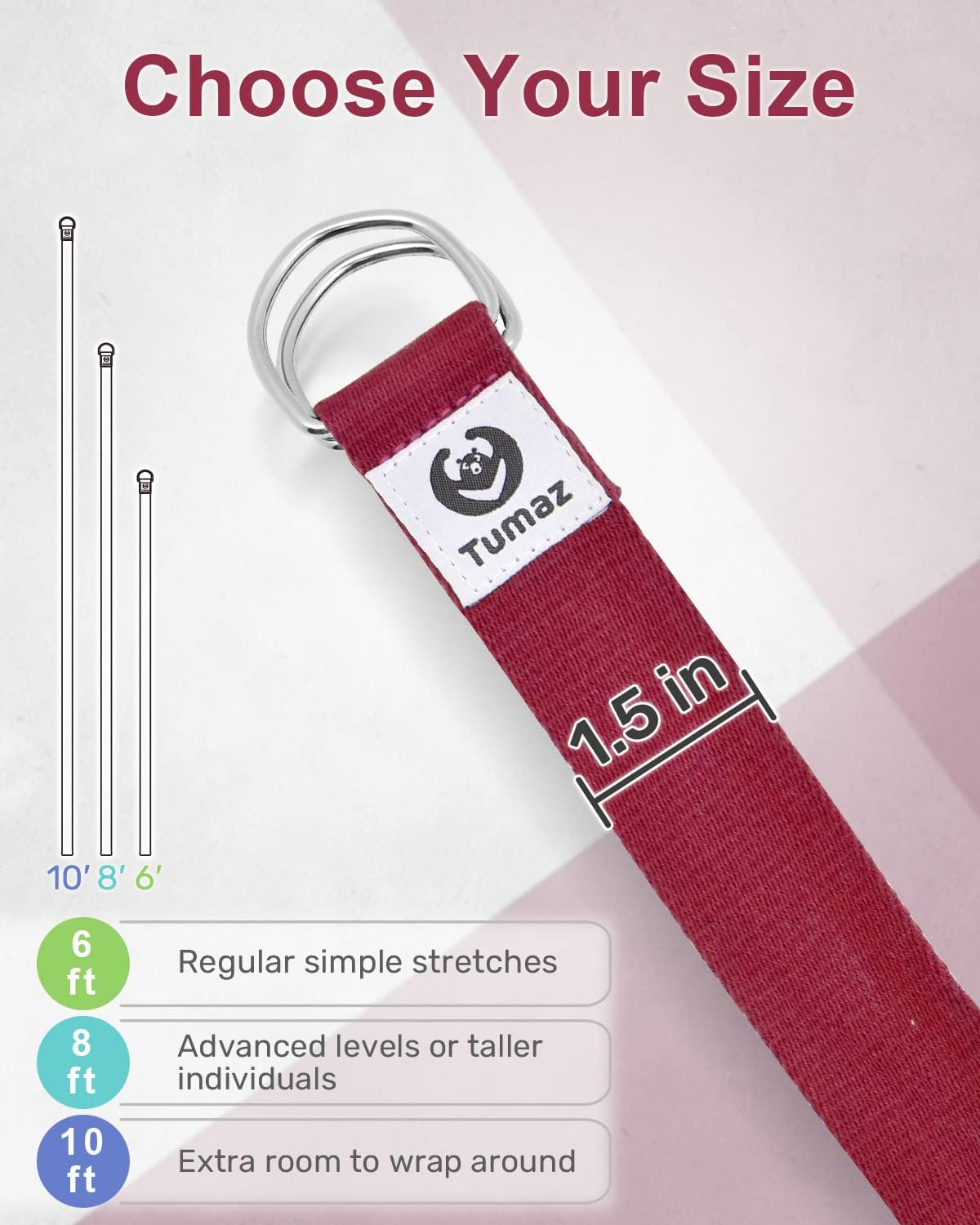 Tumaz Yoga Strap for Stretching with Adjustable D-Ring, 6/8/10 ft