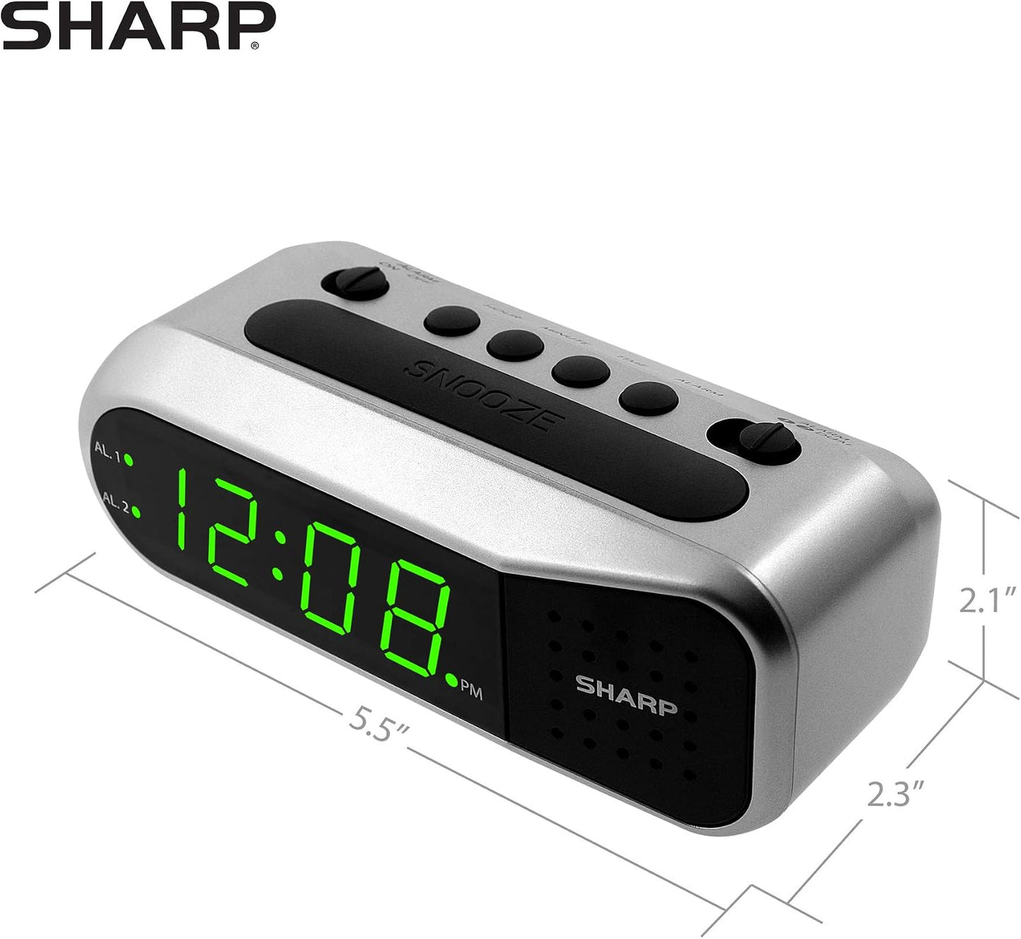 Sharp Digital Alarm Clock for Heavy Sleepers, Dual Alarm, Red LED, Black | Ascending wake sound, weekday/weekend scheduling, 9-minute snooze, easy-set controls, 2 AA backup, bedroom, dorm, office