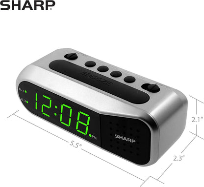Sharp Digital Alarm Clock for Heavy Sleepers, Dual Alarm, Red LED, Black | Ascending wake sound, weekday/weekend scheduling, 9-minute snooze, easy-set controls, 2 AA backup, bedroom, dorm, office