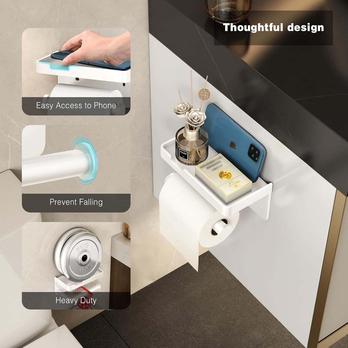 VOLDRA Toilet Paper Holder with Shelf Black Wipes Dispenser for Bathroom Toilet Paper Holder with Storage Upgrade Drawer Design Toilet Tissue Holder Adhesive Small Bathroom Shelf Wall Mount
