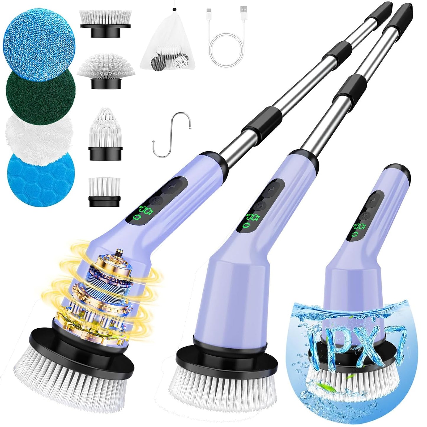 Electric Spin Scrubber for Bathroom, Shower Scrubber with Long Handle | Shower Cleaner Brushes, IPX7 Waterproof & 2 Speed, 3 Brush Heads, 90min Runtime, Bathroom Cleaning Supplies for Toilet Tub