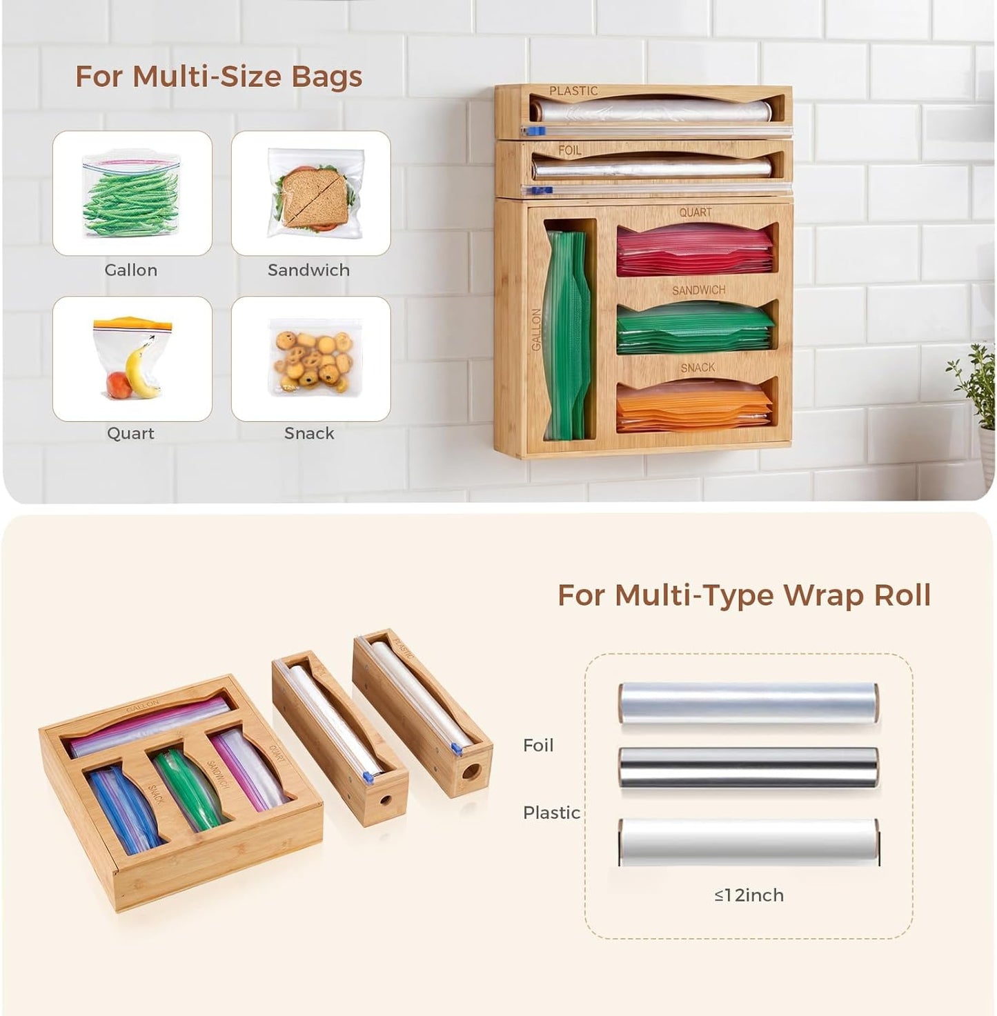 6-in-1 Bamboo Kitchen Drawer Organizer for Storage Bag, Foil & Plastic Wrap | Saran Wrap Dispenser with Cutter, Plastic & Grocery Bag Holder, Bamboo Drawer Organizer, Gallon/Quart Storage Bags