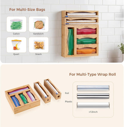 6-in-1 Bamboo Kitchen Drawer Organizer for Storage Bag, Foil & Plastic Wrap | Saran Wrap Dispenser with Cutter, Plastic & Grocery Bag Holder, Bamboo Drawer Organizer, Gallon/Quart Storage Bags