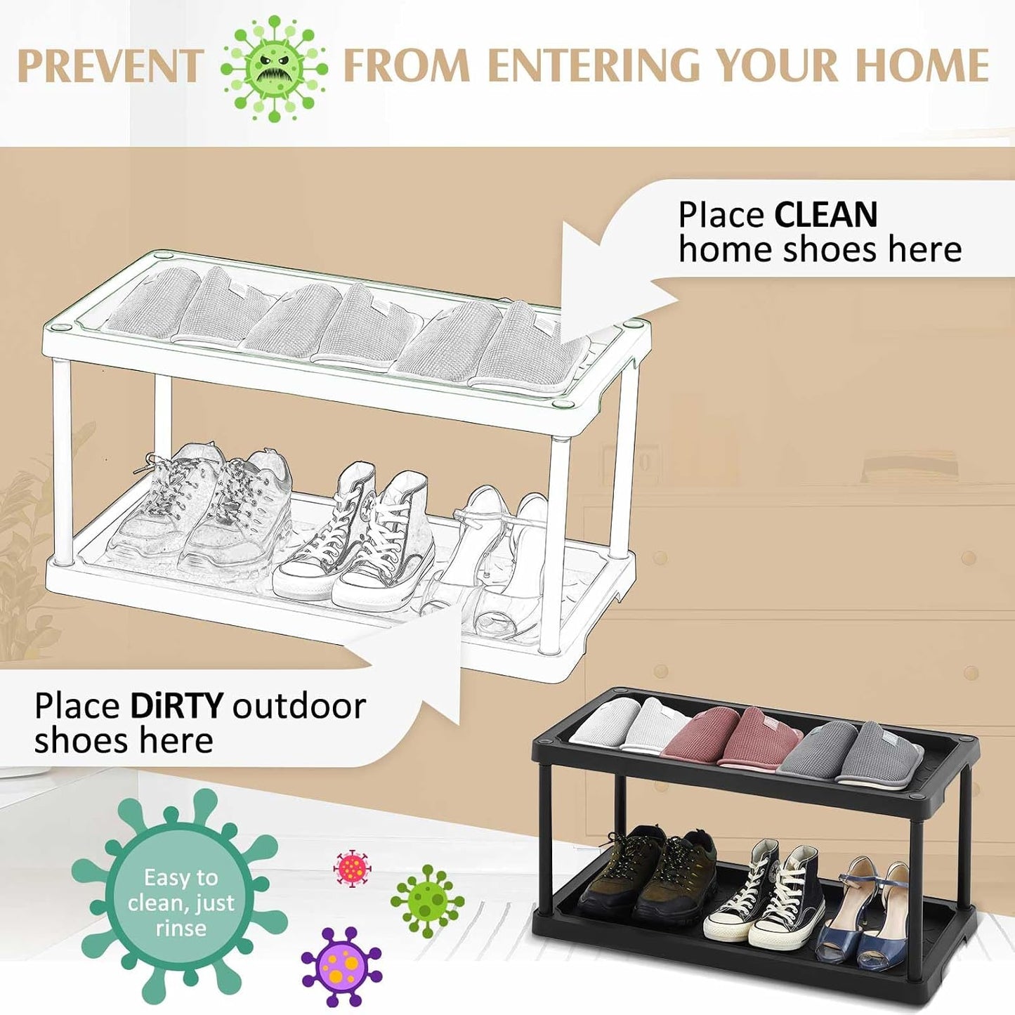 Cinnvoice Boot Tray Rack for Entryway Plastic Waterproof Shoe Mat Tray Large Storage Shelf for Indoor Outdoor Entryway Hallway Closet Use in All Seasons Black(28" d X 14.5" w X 14.5" h)