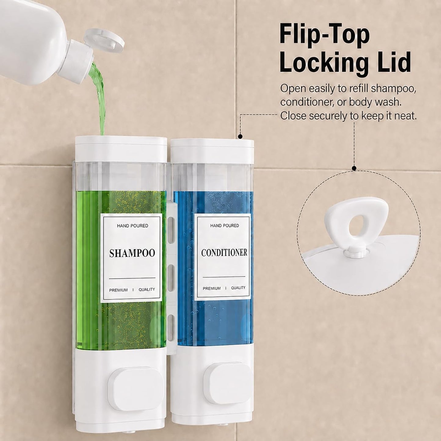 Shampoo and Conditioner Dispenser – Wall-Mounted Shower Soap Dispenser, No-Drill Installation, Lockable, 900 ml Capacity,for Bathroom & Hotel or Airbnb (Black, 3-Pack)