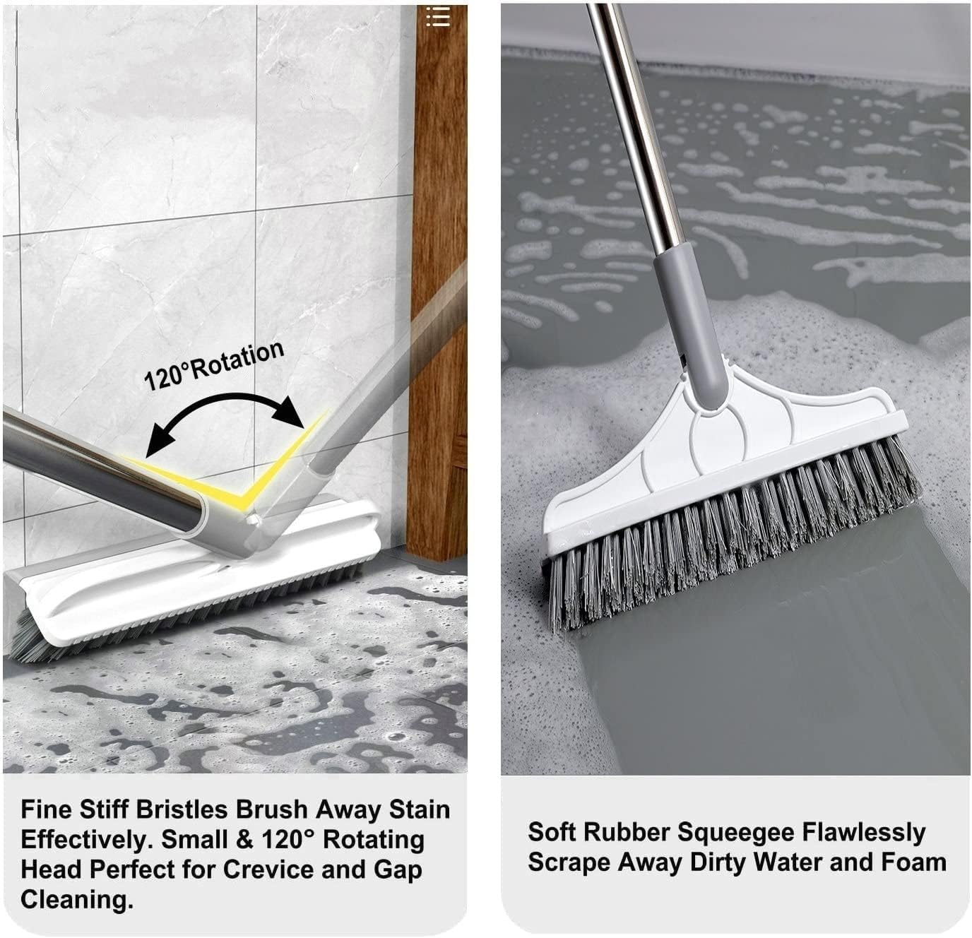 2 in 1 Cleaning Scrub Brush Grout Brush Scrapee 3 Poles 47.6'' Floor Scrub Brush with Long Handle V-Shape Stiff Bristle Brush Scrubber with Squeegee 120°Rotate Shower Scruber for Bathroom Glass