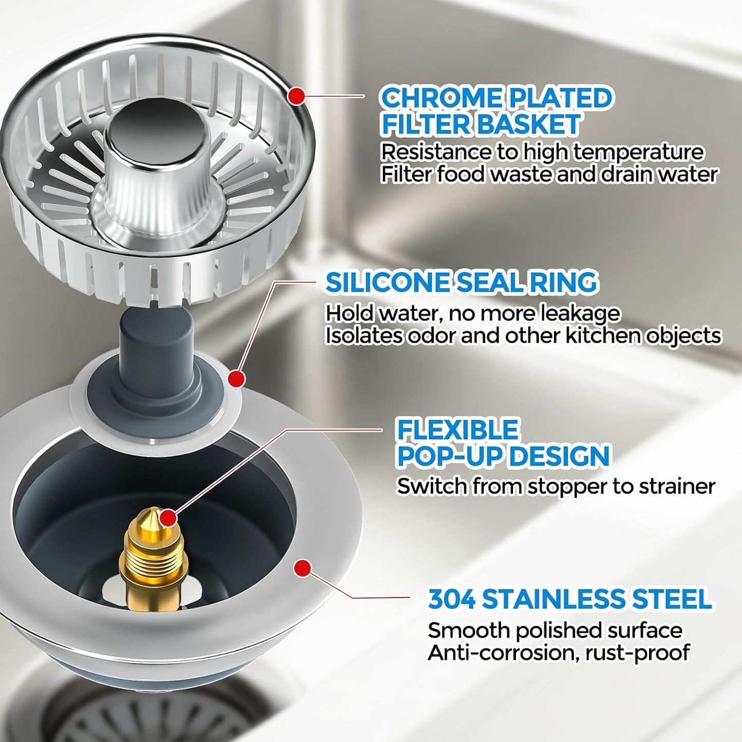3 in 1 Kitchen Sink Drain Strainer Stopper Removable Basket Pop-Up | Kitchen Sink Food Strainer 1 Pack Silver Stainless - Food Catcher, Odor-Block Seal, Fits 3.5" Drain, Easy Clean