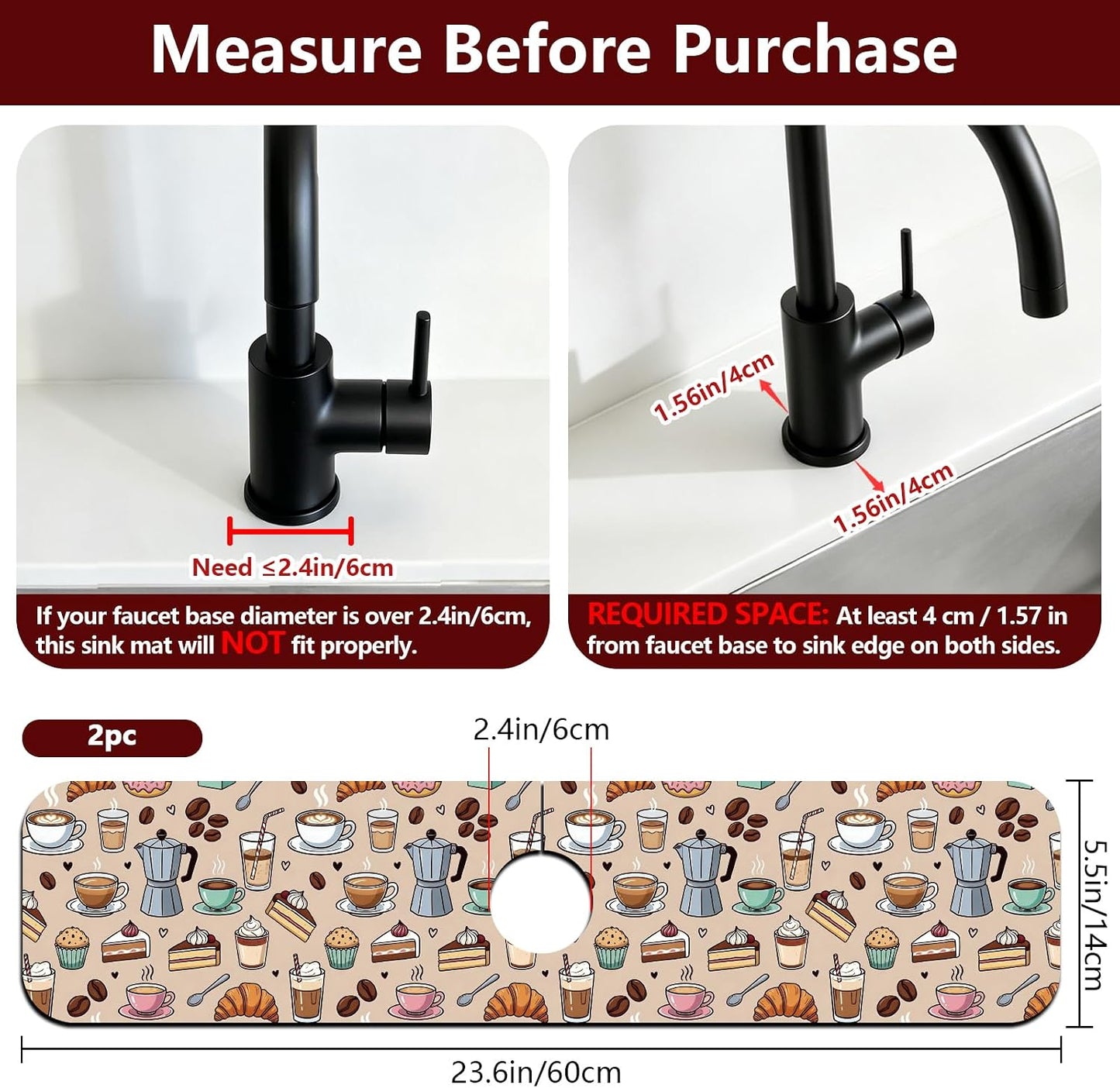 2 Pcs Kitchen Sink Splash Guard Faucet Mat Wood Grain Pattern Faucet Mat for Sinks Natural Wood Color Absorbing Drying Mats for Kitchen Bathroom, 23.6x5.5inch