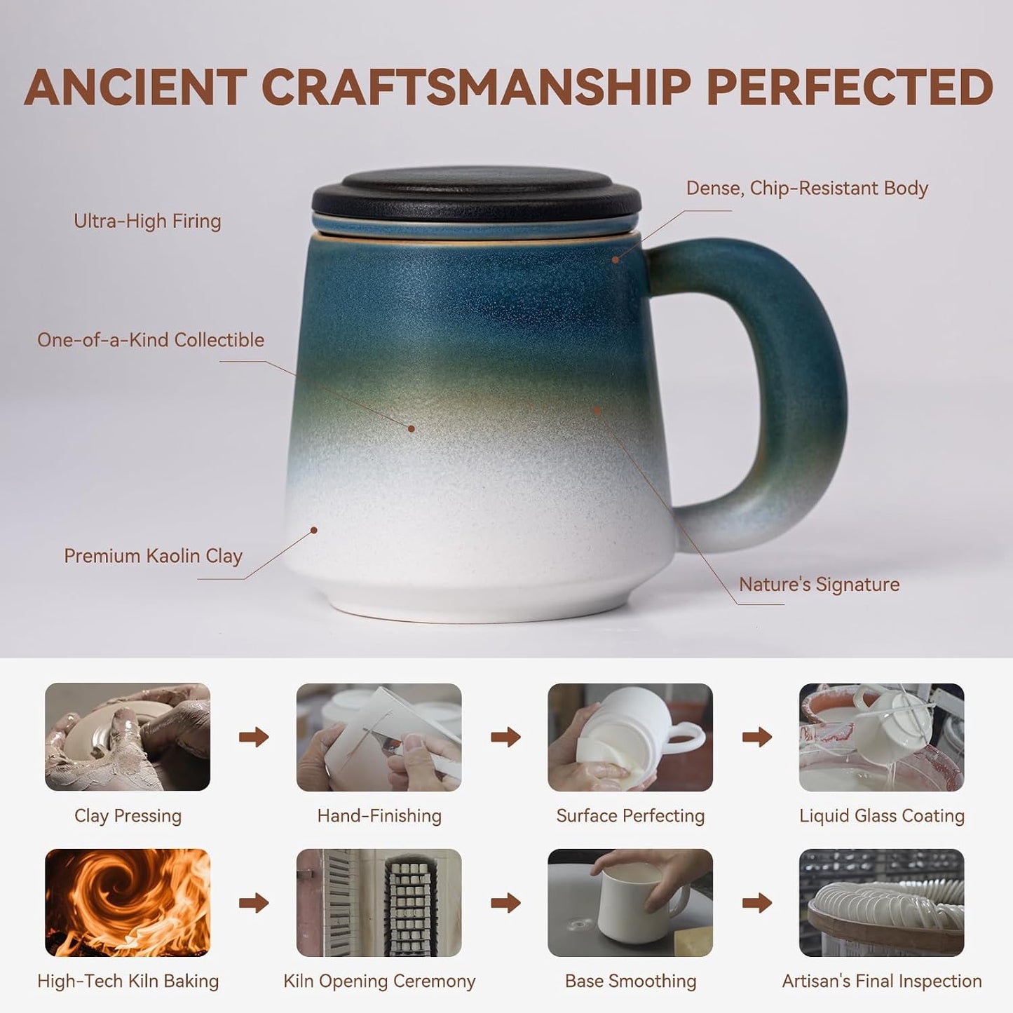 Ceramic Tea Mug with Infuser & Lid, 15oz Kiln-Transformed Unique Cup – Nature's Artisan Design, Loose Leaf Tea Cup with Infuser, Insulated Ceramic Coffee Mugs with Lid, Gift for Women/Men