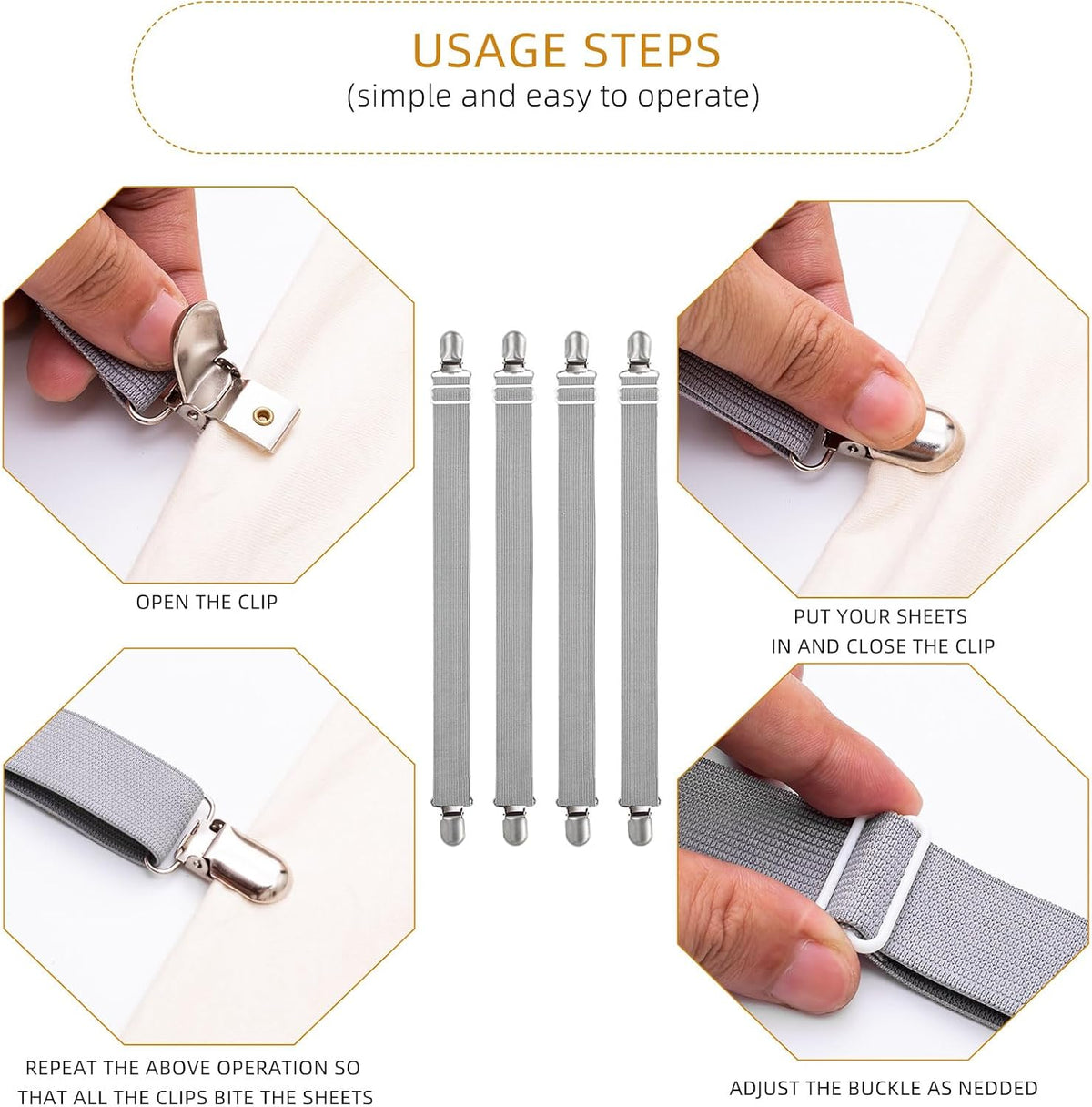 Adjustable Bed Sheet Straps Clips, Elastic Mattress Sheet Fasteners Holder and Suspenders, Grippers to Hold Sheet, Mattress, Sofa, Couch, Table Cloth, Ironing Board Cover, Black