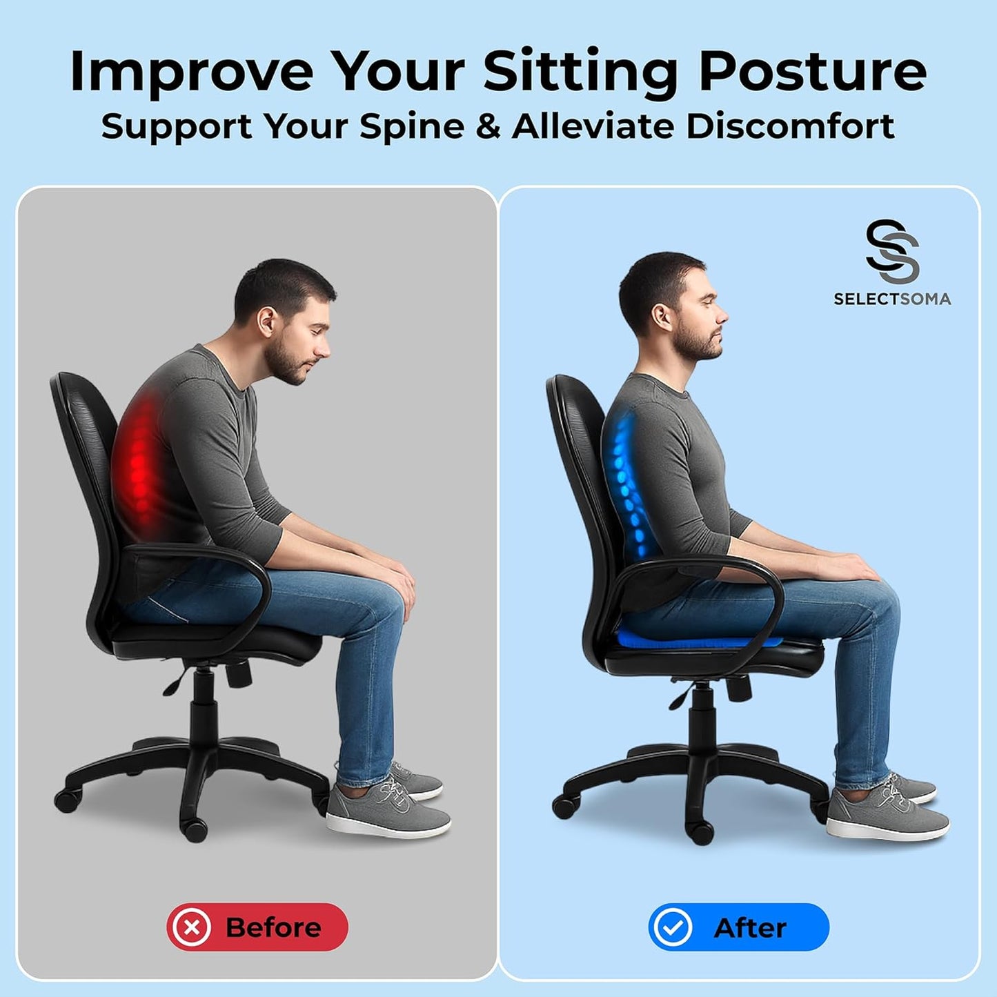 SelectSoma Gel Seat Cushion for Long Sitting, Pressure Relief for Sciatica, Tailbone, Coccyx & Back Pain, Office Chair, Wheelchair, Car & Truck – Standard Size Blue Gel