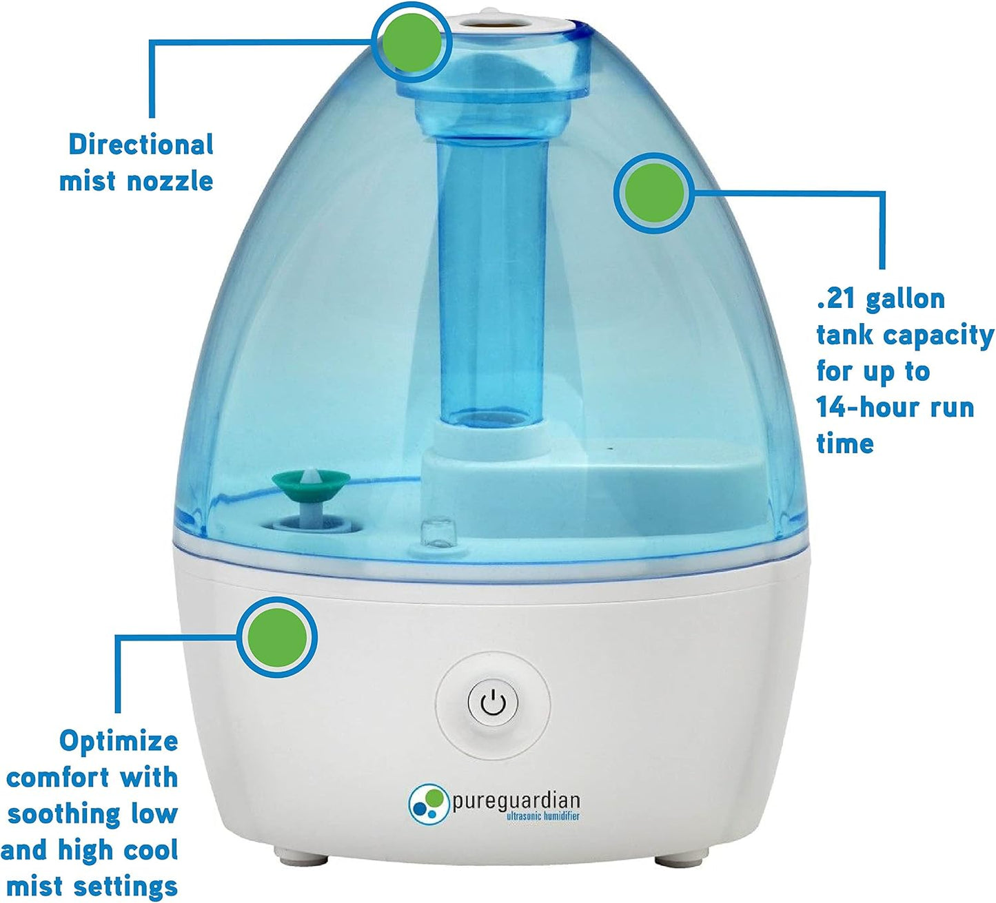Pure Guardian H910BL Ultrasonic Cool Mist Humidifier, 14 Hrs. Run Time, 210 Sq. Ft. Coverage, Small Rooms, Quiet, Filter Free