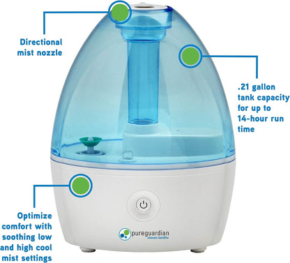 Pure Guardian H910BL Ultrasonic Cool Mist Humidifier, 14 Hrs. Run Time, 210 Sq. Ft. Coverage, Small Rooms, Quiet, Filter Free