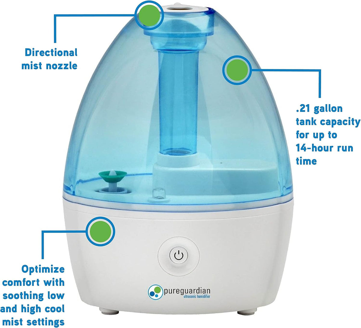 Pure Guardian H910BL Ultrasonic Cool Mist Humidifier, 14 Hrs. Run Time, 210 Sq. Ft. Coverage, Small Rooms, Quiet, Filter Free