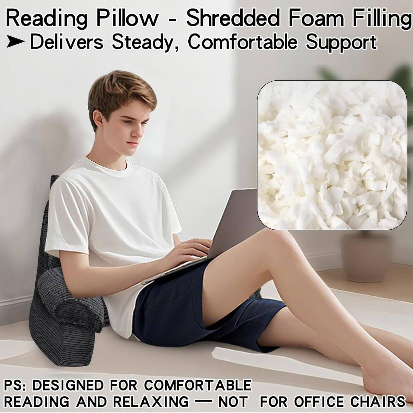 Reading Pillow for Bed with Arms, Back Support, Memory Foam（Grey Black） | Reading Pillow for Bed with High Arm Rests, Back Support Pillow for Sitting Up, Shredded Memory Foam for Reading, TV & Gaming
