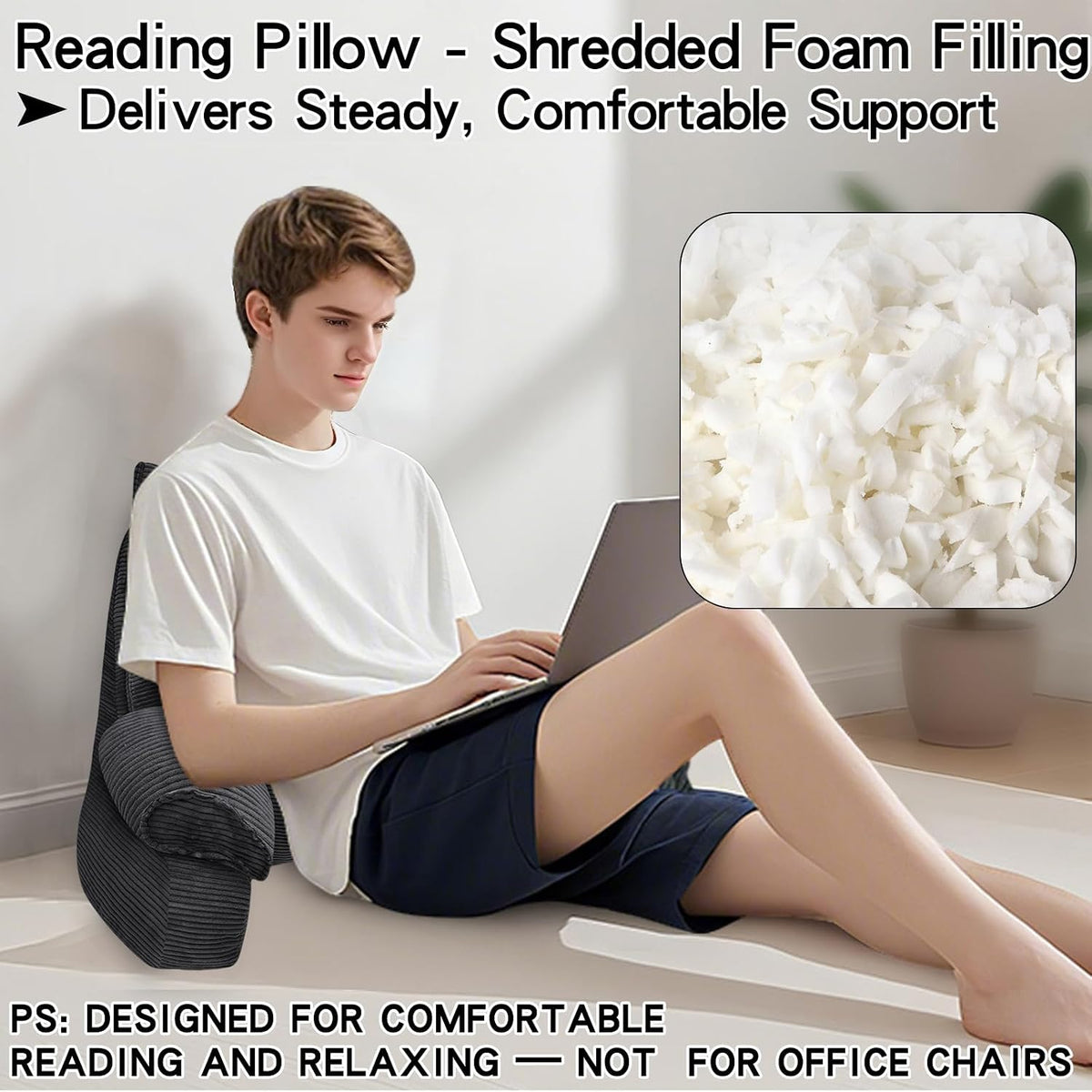 Reading Pillow for Bed with Arms, Back Support, Memory Foam（Grey Black）