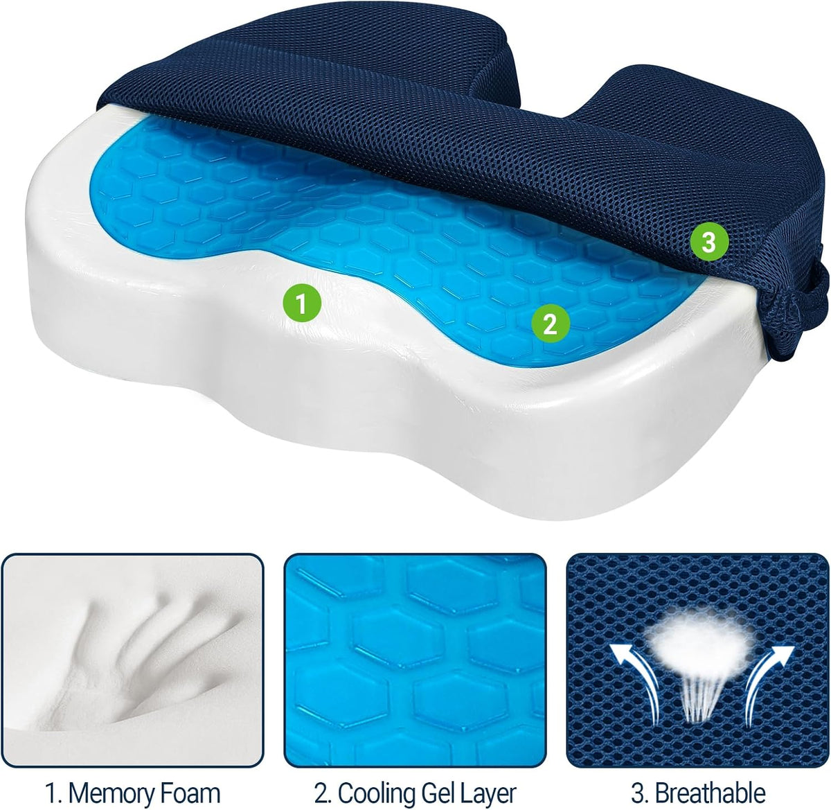 Season Guard Gel Memory Foam Seat Cushion for Tailbone Pain Relief, Black