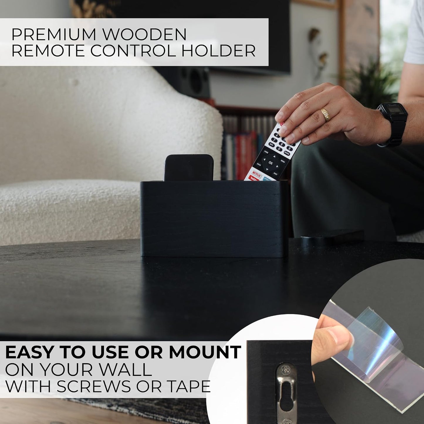 Wooden Remote Control Holder - Adhesive Wall Mount Caddy for 3-4 Remotes | Easy Install Natural Wood Organizer Keeps Them Neatly Organized - Perfect for Any Bed or Living Room Wall