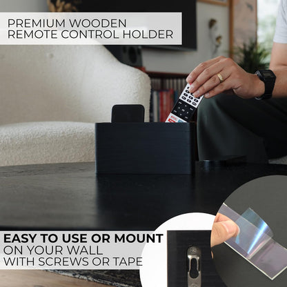 Wooden Remote Control Holder - Adhesive Wall Mount Caddy for 3-4 Remotes | Easy Install Natural Wood Organizer Keeps Them Neatly Organized - Perfect for Any Bed or Living Room Wall