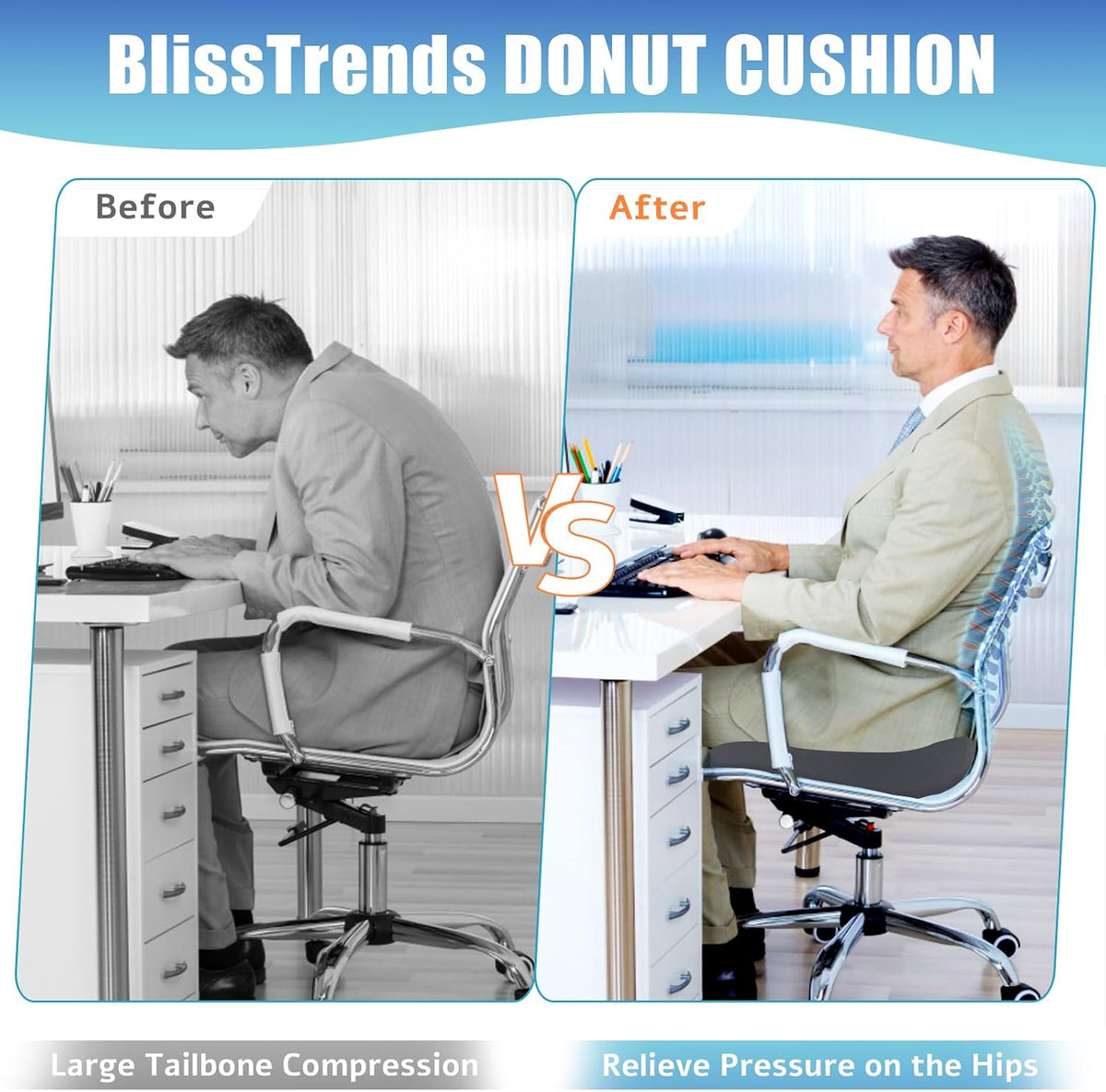 BlissTrends Donut Pillow Seat Cushion, Memory Foam Lifting Cushions(Black)