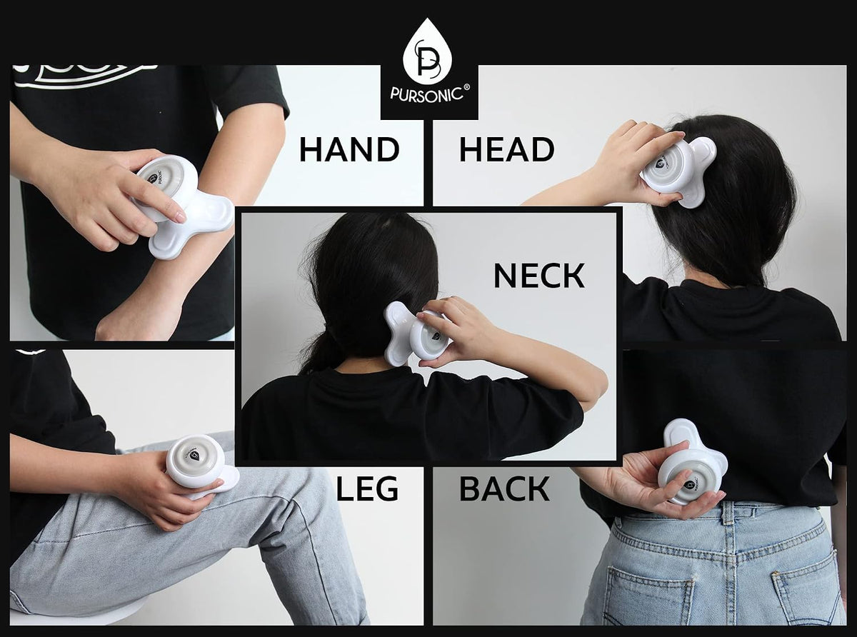 Pursonic Handheld Sport Massager Mini Portable for Hand, Head, Neck, Back, Legs & Arms Pain Relief Easy Grip Handle, 3 Vibrating Massage Modes (White)