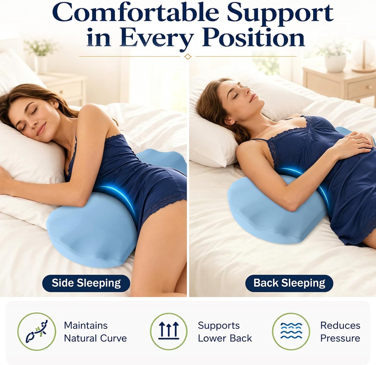 Fledano Lumbar Support Pillow for Bed – Memory Foam Lower Back Pain Relief Pillow for Sleeping, Ergonomic Lumbar Pillow for Side & Back Sleepers, Sciatica & Hip Pain Relief, Washable Cooling Cover