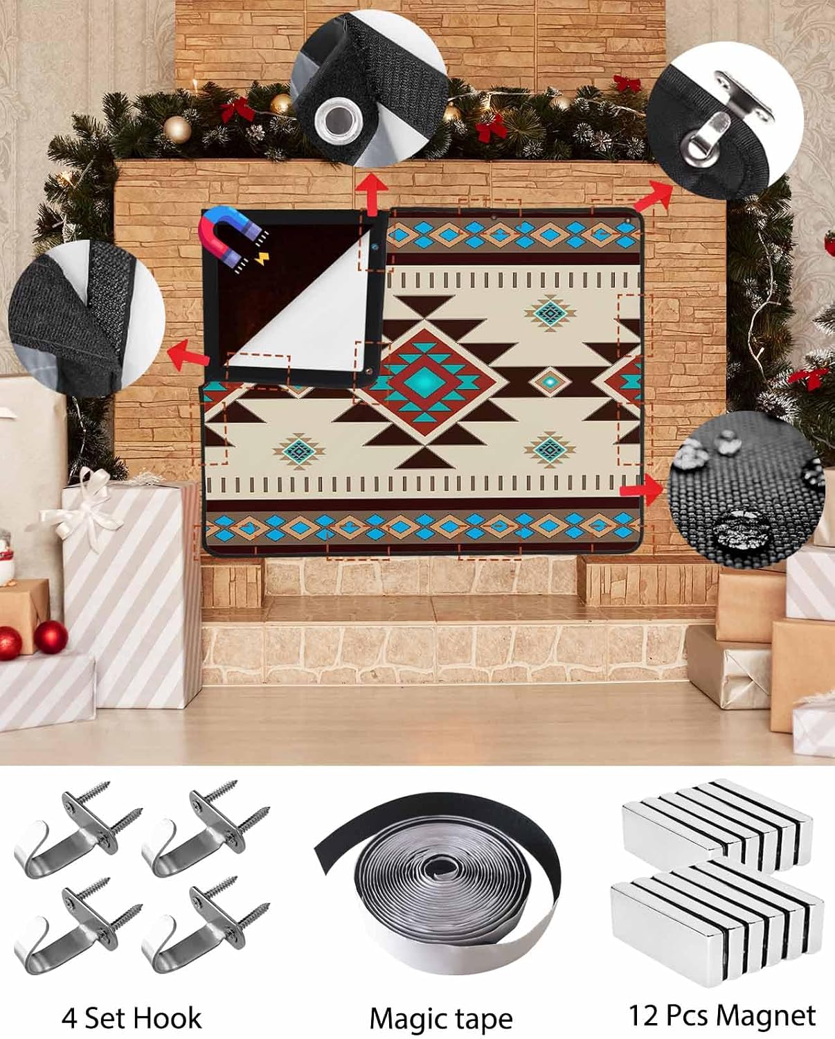Brown Blue Magnetic Fireplace Cover, Fireplace Draft Blocker, Green Southwest Ethnic Native American Boho Fireplaces Blanket for Heat Loss/Cold Air, Fireplaces Draft Stopper Cover for Inside 39''x32''