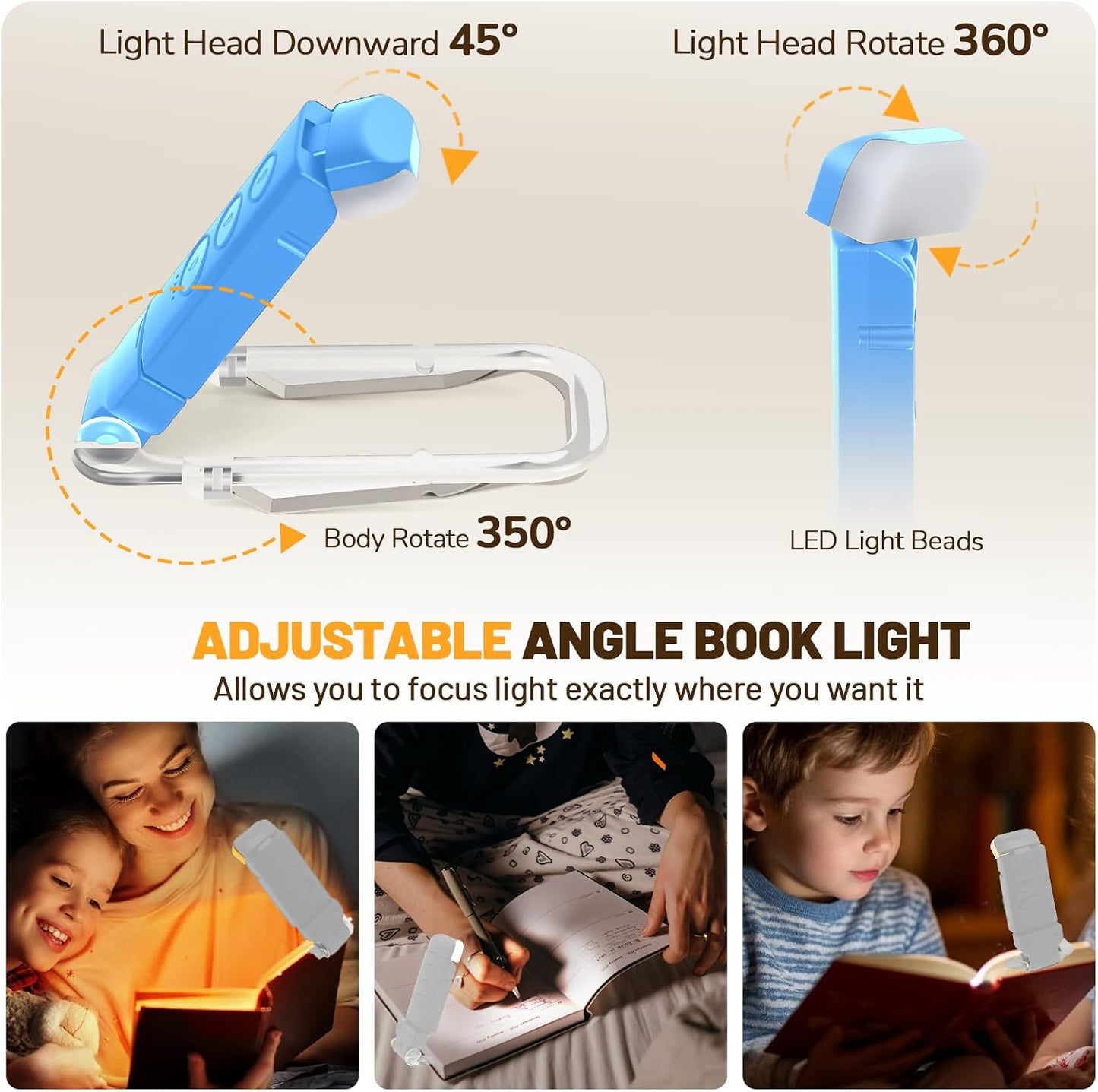 Book Reading Light Rechargeable Clip on Book Lamp with 3 Color Temperatures | 5-Level Dimmable Brightness, 3 Color Temperatures, 360° Rotatable USB Eye Caring