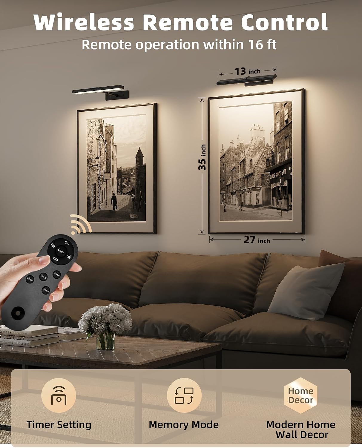 EZVALO Picture Light for Wall, 4800mAh Rechargeable Wireless Gold Light with IR Remote, Dimmable Magnetic LED Art Display Light with 3 Color Temperatures, for Gallery, Living Room, Bedroom(2Pack)