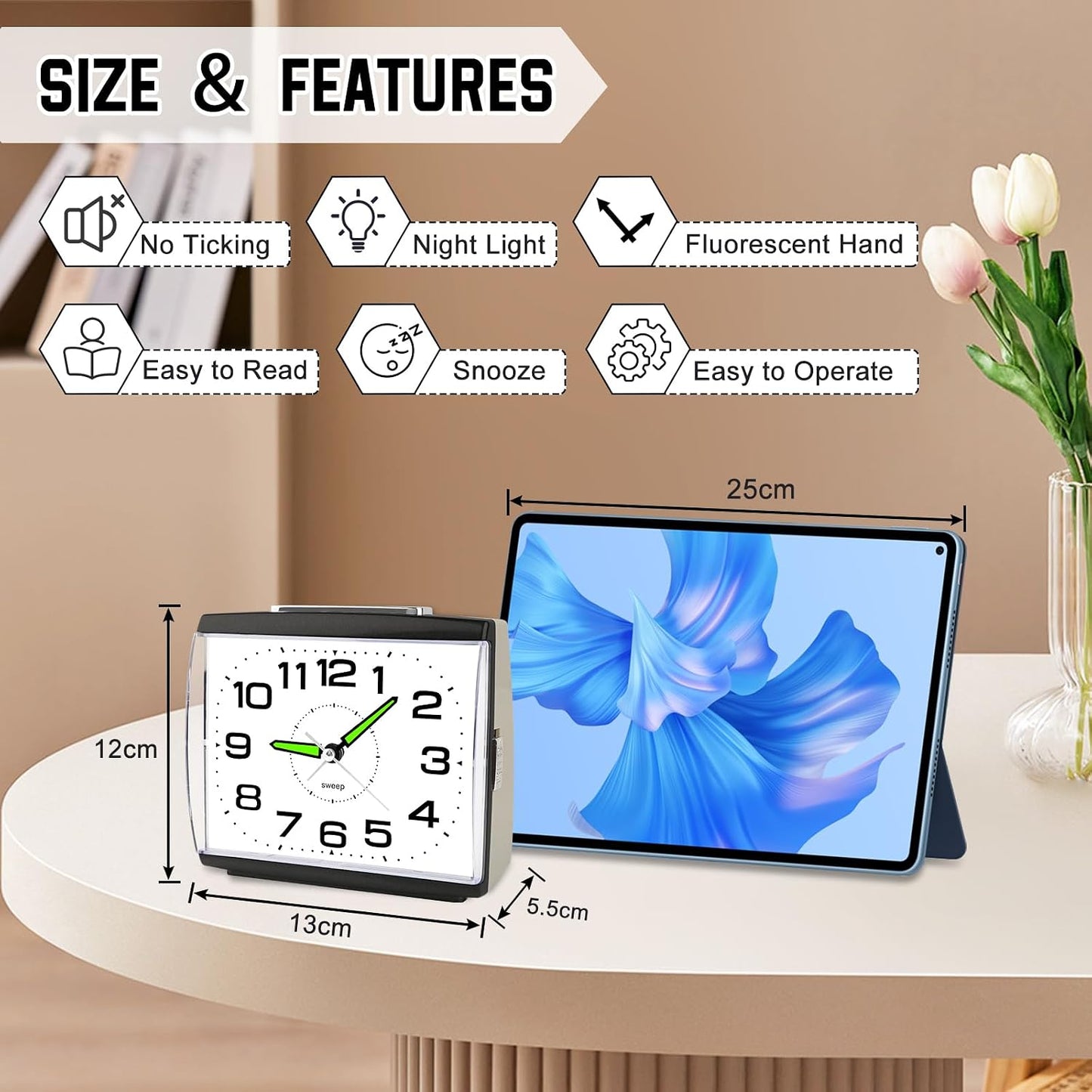 DTKID Large Alarm Clock for Bedside, Silent Non-Ticking Analog Clock with Night Light, Battery Powered, Gradually Increasing Alarm for Heavy Sleepers, Seniors