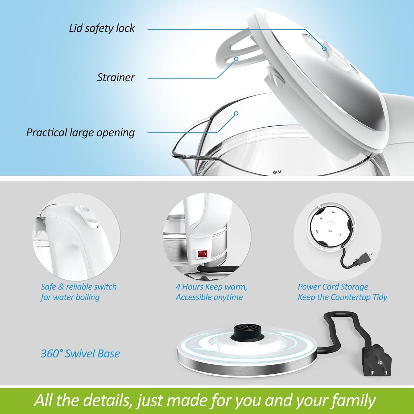 NISVITU 1.7L Dual Wall Cool Touch BPA-Free Electric Kettle, White | Glass Inner+PC Outer, 1500W Fast Boil Cordless Hot Water Boiler Electric Tea Kettle, Auto Shut-Off+Keep Warm