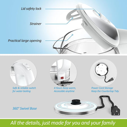 NISVITU 1.7L Dual Wall Cool Touch BPA-Free Electric Kettle, White | Glass Inner+PC Outer, 1500W Fast Boil Cordless Hot Water Boiler Electric Tea Kettle, Auto Shut-Off+Keep Warm