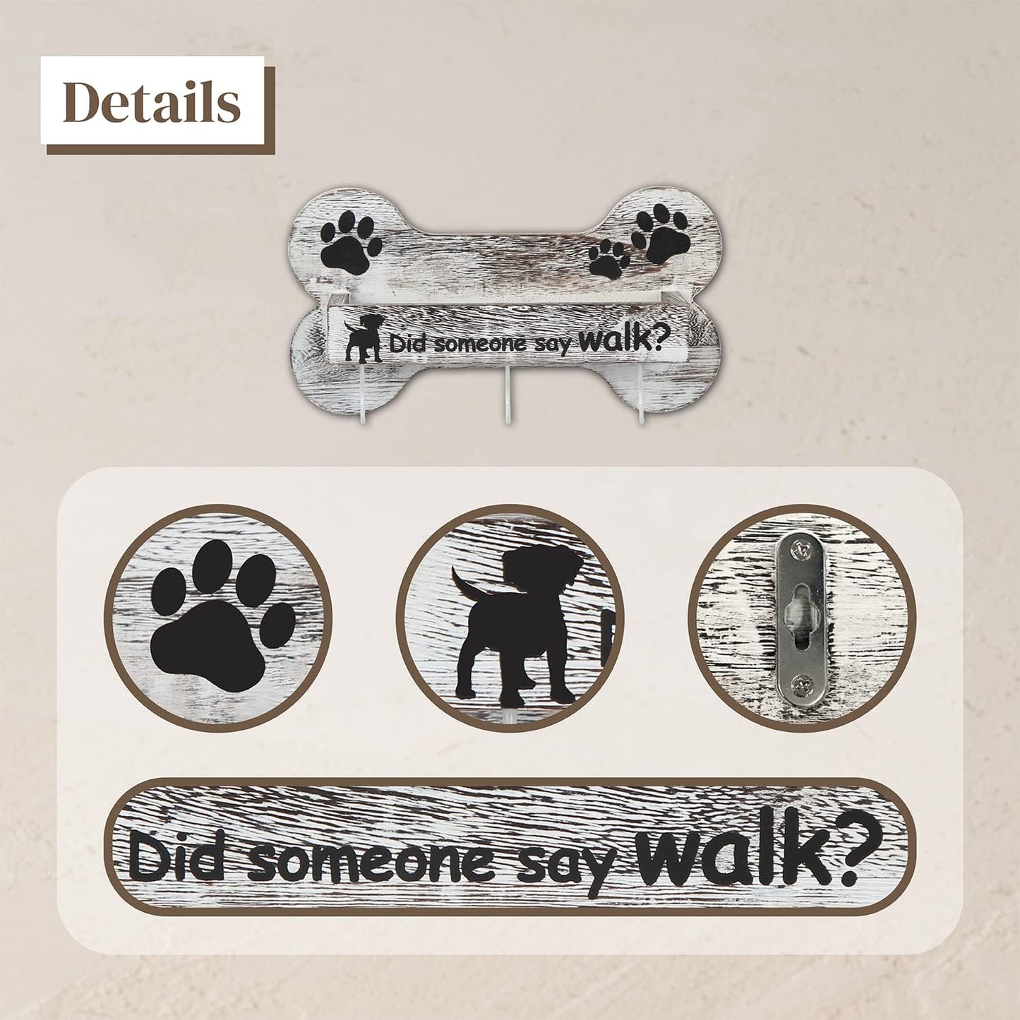 J JACKCUBE DESIGN Rustic White Bone Shape Wall Mounted Dog Leash Holder with 3 Key Holder Hooks and Extra Storage Compartment Box Shelf for Pet Treats, Accessories and more - MK679A