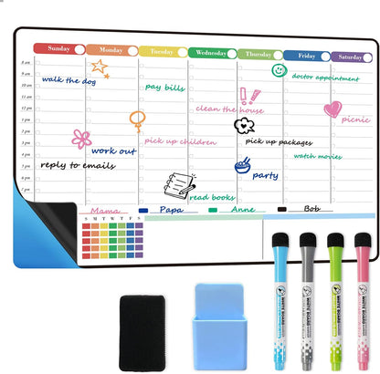 POPRUN Dry Erase Weekly Calendar Whiteboard, Magnetic Hourly Schedule Board | 16.9 x 11" Weekly Planner for Fridge, Time Slots, Family Daily Planning for Refrigerator, Homeschool, Work
