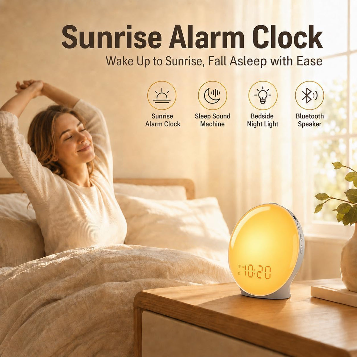 JALL Full-Screen Wake Up Light Sunrise Alarm Clocks for Bedrooms, White Noise Machine for Heavy Sleepers, 25 Natural Sounds, Dual Alarms, FM Radio, 17 Dimmable Colors, Bluetooth Speaker