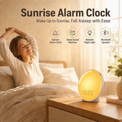 JALL Full-Screen Wake Up Light Sunrise Alarm Clocks for Bedrooms, White Noise Machine for Heavy Sleepers, 25 Natural Sounds, Dual Alarms, FM Radio, 17 Dimmable Colors, Bluetooth Speaker