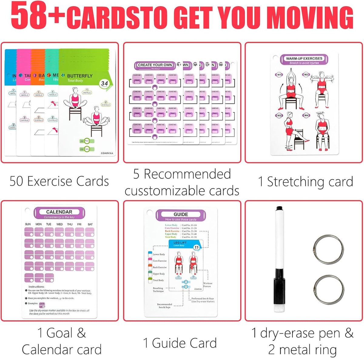Bodyweight Workout Cards for Women & Men-50 Bodyweight Workout Cards，Includes 2 Rings& Dry-Erase for Easy Organization-Home, Gym or Studio (Bodyweight)