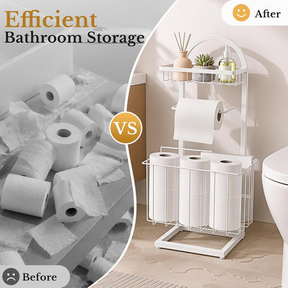 Toilet Paper Holder Stand Freestanding with Storage Basket for Bathroom | Freestanding Toilet Paper Stand for Bathroom,Heavy Duty Tissue Roll Holder Rack with Top Shelf for Organizer,black