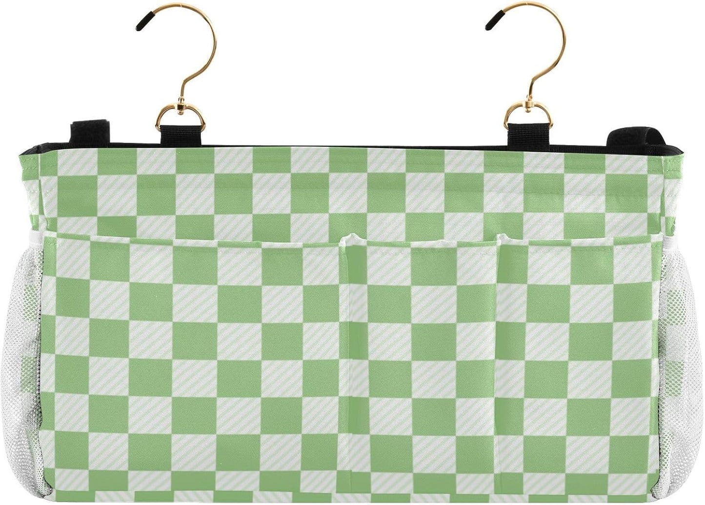 Bedside Caddy Hanging Bunk Bed Caddy Bed Organizer Hanging Pocket with 2 Hooks Bedside Storage Organizer Pocket Bag Holder Checkered Light Green