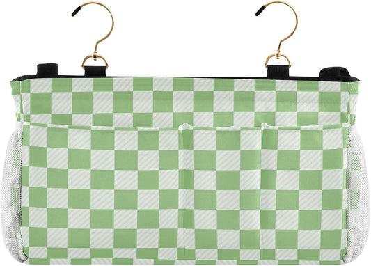 Bedside Caddy Hanging Bunk Bed Caddy Bed Organizer Hanging Pocket with 2 Hooks Bedside Storage Organizer Pocket Bag Holder Checkered Light Green
