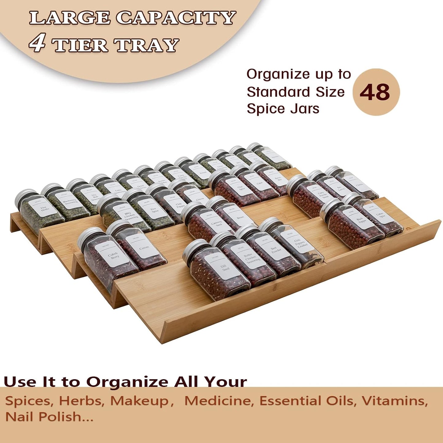 Bamboo Spice Rack Drawer Organizer - 8 Pieces Set- 7" Wide Per Piece - Combine Pieces Into 14" Wide Rack (7" or 14")