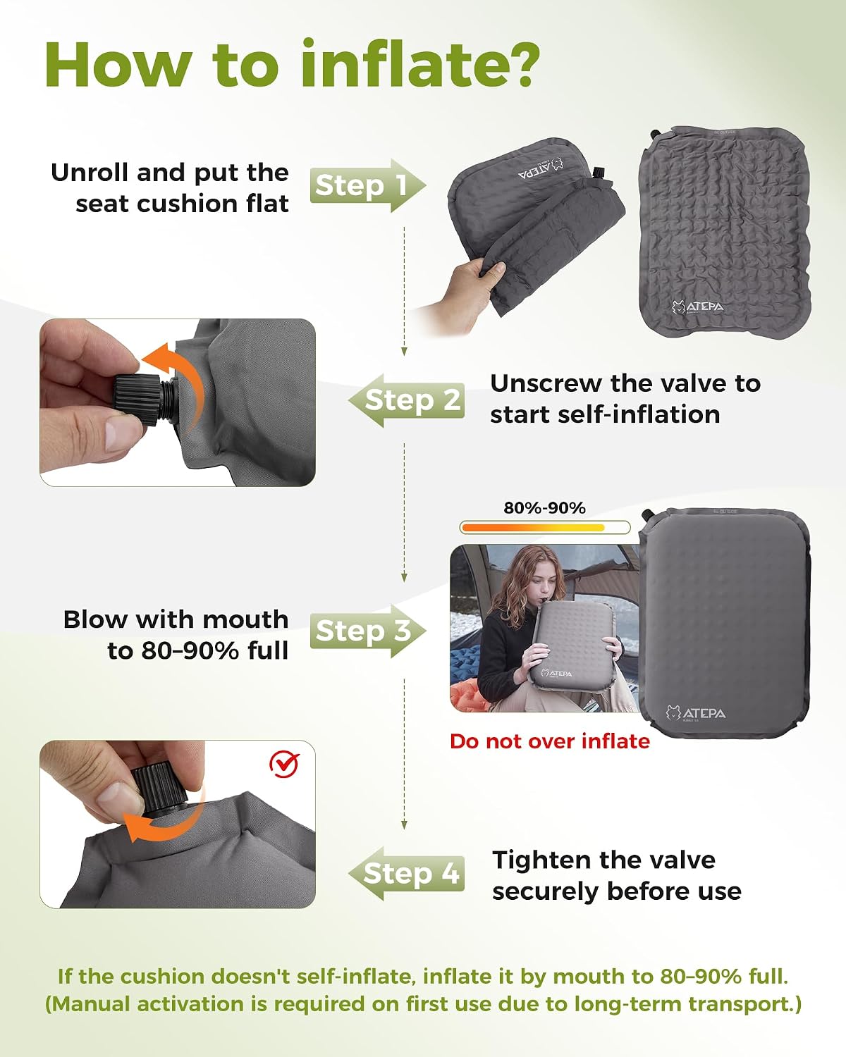 ATEPA Inflatable Seat Cushion | 2" & 2.5" foam core seat pad, Self inflating, Compact, Stadium, Airplane, Travel, Camping, Hiking, Sports events