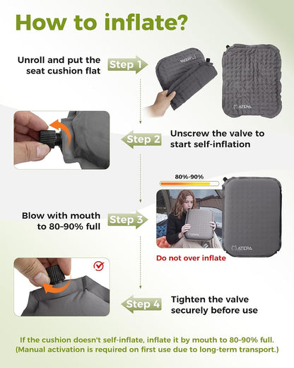 ATEPA Inflatable Seat Cushion | 2" & 2.5" foam core seat pad, Self inflating, Compact, Stadium, Airplane, Travel, Camping, Hiking, Sports events