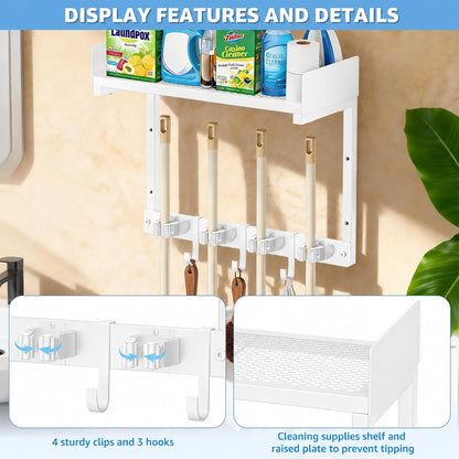 27" Mop and Broom Holder Wall Mount with Top Storage Shelf & Hooks,Black | Mop Hanger Wall Mount, 5 Grippers, 5 Hooks, Wall Organizer For Laundry Room, Garage And Kitchen
