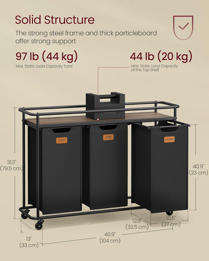 VASAGLE Laundry Sorter with Wheels, 39.6 Gal., 4 Removable Liners | Portable Laundry Cart with Shelf, 150 L, 6 Labels, Ink Black and Chestnut Brown, STEVIE Collection URLS100BH01S
