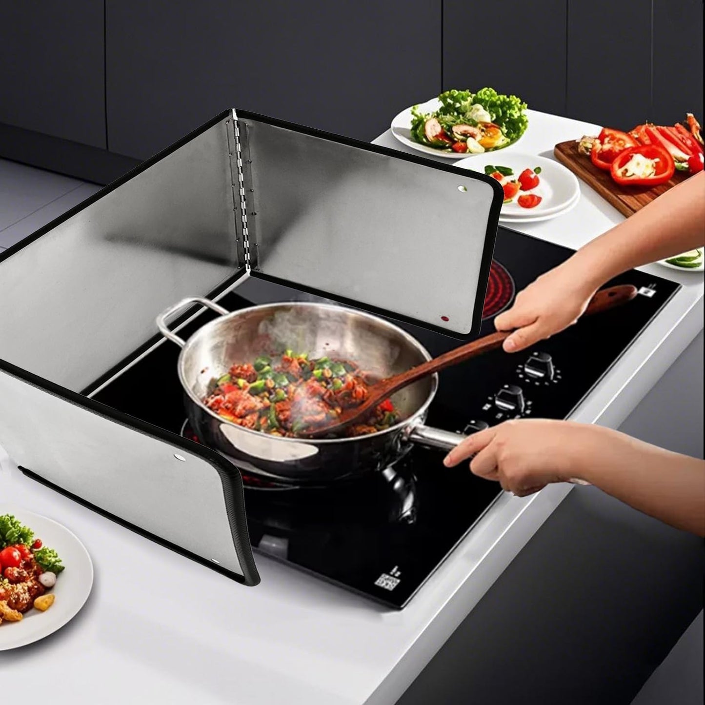 Silver Large 2 Pieces 2 Sided Stainless steel Splatter Guard for Frying Stove Top,Oil Splash Guard Cooking for Stove,Non Stick Foldable Splatter Screen