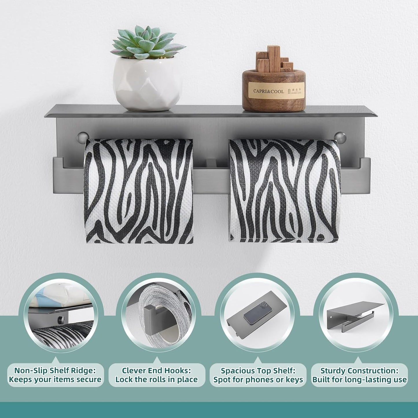 APLusee Matte Black Toilet Paper Holder with Storage Shelf, Wall Mounted | Rustproof 304 Stainless Steel, 2-in-1 Functional Toilet Paper and Phone Storage, Fits Bathroom, Restroom, Vanity, Kitchen