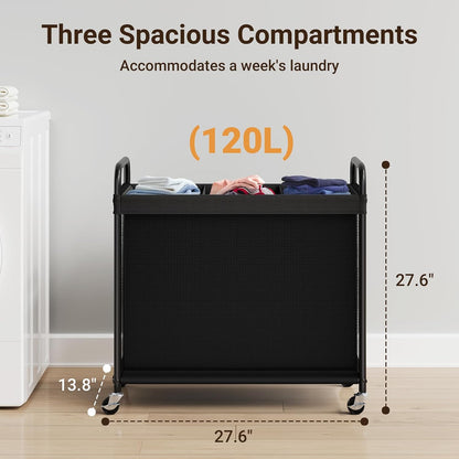 ELYKEN Laundry Hamper 2 Section, 100L Rolling Laundry Sorter with Wheels | Removable Washable Liner Bags, Sturdy Steel Frame and Metal Handle, Double Compartment Clothes Organizer for Laundry Sorting