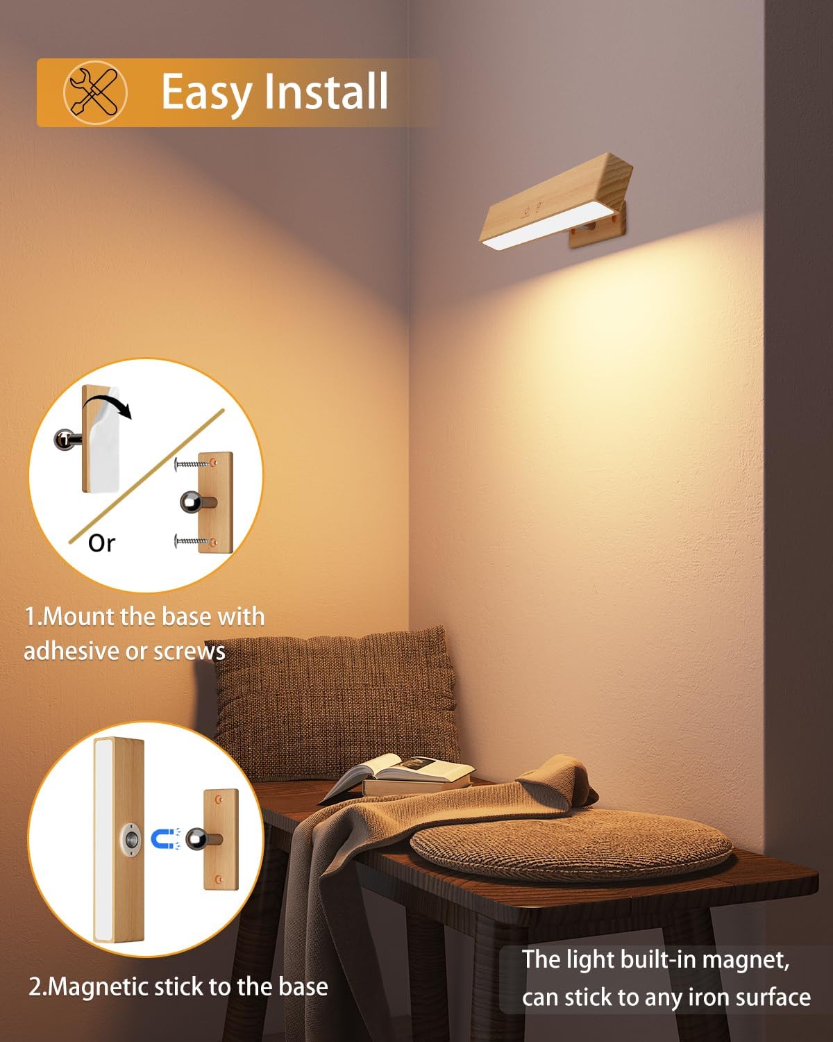 Rechargeable Wood Wall Lights with Remote & Touch, 5200mAh Battery Operated Wall Sconce 3 Color Temperatures & RGB. Magnetic, Stick-On, Dimmable Wall Reading Lamp for Bedroom, Living Room, Picture